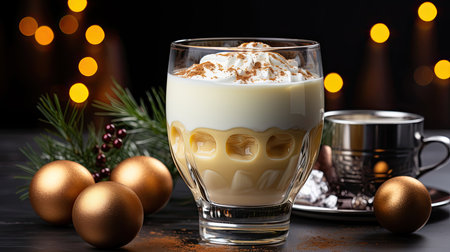 Glass mug of pumpkin spice late or eggnog in a festive, cozy and winter Christmas atmosphere. home feeling mood.の素材