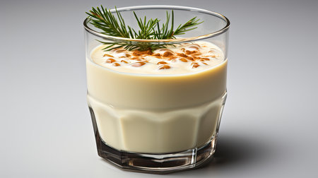 Glass mug of pumpkin spice late or eggnog in a festive, cozy and winter Christmas atmosphere. home feeling mood.の素材