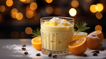 Glass mug of pumpkin spice late or eggnog in a festive, cozy and winter Christmas atmosphere. home feeling mood.の素材