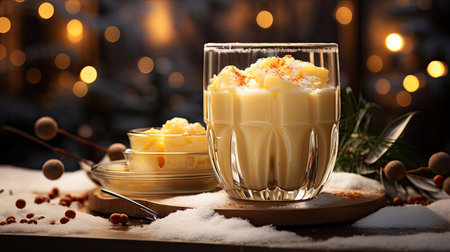 Glass mug of pumpkin spice late or eggnog in a festive, cozy and winter Christmas atmosphere. home feeling mood.の素材