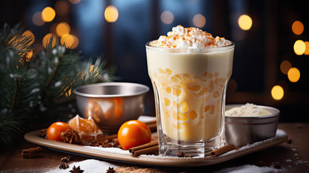 Glass mug of pumpkin spice late or eggnog in a festive, cozy and winter Christmas atmosphere. home feeling mood.の素材