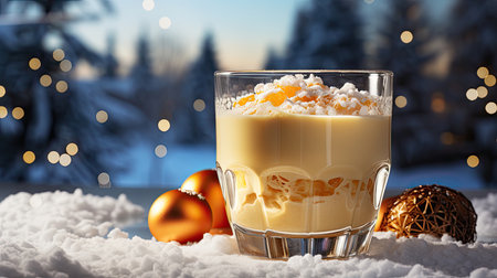 Glass mug of pumpkin spice late or eggnog in a festive, cozy and winter Christmas atmosphere. home feeling mood.の素材
