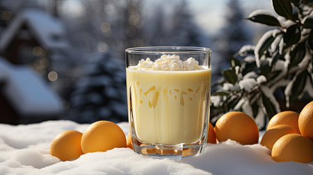 Glass mug of pumpkin spice late or eggnog in a festive, cozy and winter Christmas atmosphere. home feeling mood.の素材