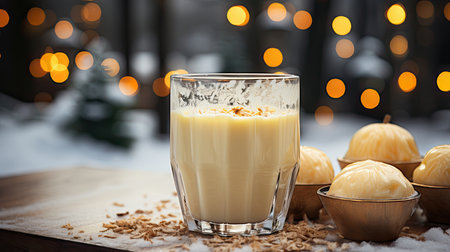 Glass mug of pumpkin spice late or eggnog in a festive, cozy and winter Christmas atmosphere. home feeling mood.の素材