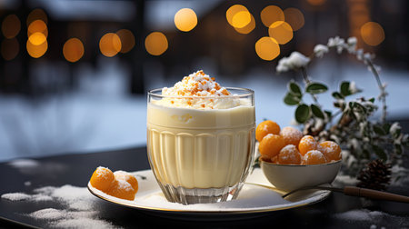 Glass mug of pumpkin spice late or eggnog in a festive, cozy and winter Christmas atmosphere. home feeling mood.の素材