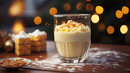 Glass mug of pumpkin spice late or eggnog in a festive, cozy and winter Christmas atmosphere. home feeling mood.の素材