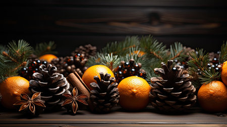 Christmas decoration on wooden background, flat lay. Space for textの素材