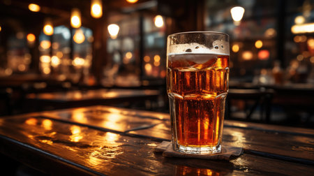 Glass of light beer on a dark pub.の素材