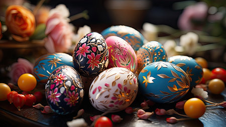 Easter celebration in a Ukrainian village. Traditional painted eggs - pysankyの素材