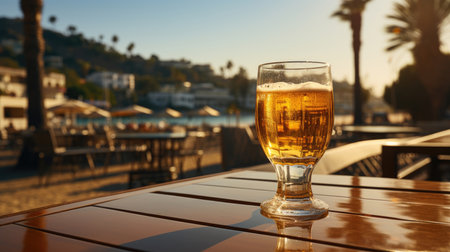 Glass of beer on a table in a restaurant with palm trees in the backgroundの素材