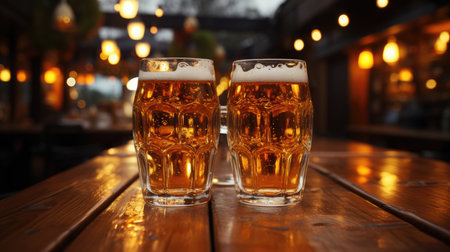 Cold glasses of beer on wooden table in the barの素材