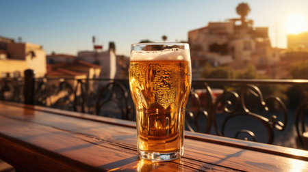 Glass of beer on the terrace in the old town of Rovinj, Croatiaの素材