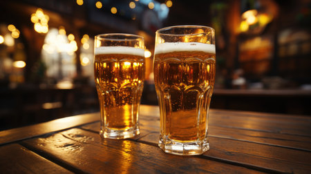 Cold glasses of beer on wooden table in the barの素材