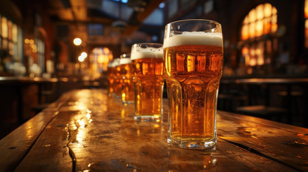 Cold glasses of beer on wooden table in the barの素材