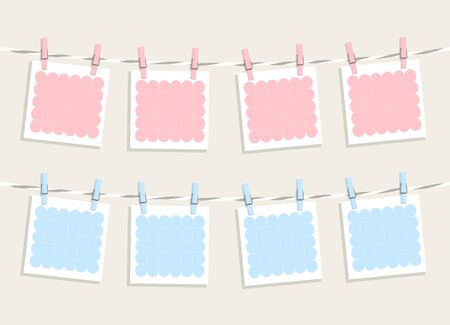 Cute cartoon blank paper templates hanging on a rope with clothes pins. Baby shower conceptのイラスト素材