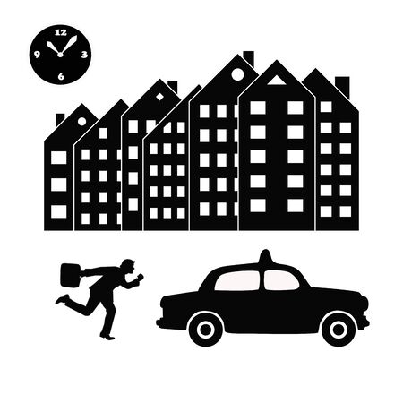 Vector illustration of a businessman or an office worker in a suit trying to catch a taxi in a hurry. Black and white silhouettes. Concept of latenessのイラスト素材