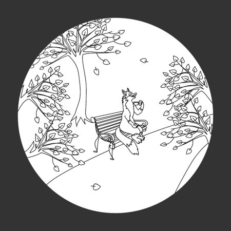 Hand drawn cartoon fox sitting on a bench in the park and drinking coffee. Vector illustrationのイラスト素材