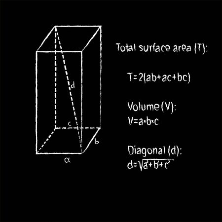Hand drawn vector illustration of geometrical shape parallelepiped in white chalk on black board with math formulas of total surface area, volume and space diagonalのイラスト素材
