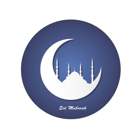 White silhouette of a mosque and moon in the dark blue circle with a greeting text Eid Mubarakのイラスト素材