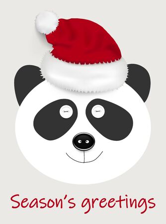 Handmade greeting vector card / banner of a panda with realistic sewing buttons and santa's hat and Seasons greetings letteringのイラスト素材