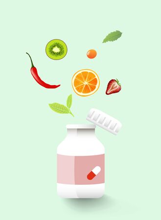 Medicine vitamin bottle mockup with flying fruits, leaves and vegetables, vector cartoon illustrationのイラスト素材