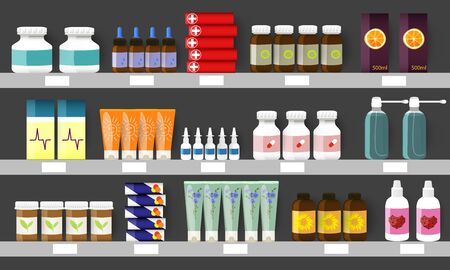 Pharmacy shelves with medicine bottles, sprays and pills.Vector illustrationのイラスト素材