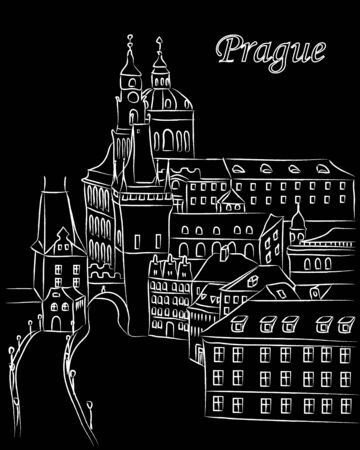 White cartoon vector illustration of downtown Prague in chalk on black with textのイラスト素材