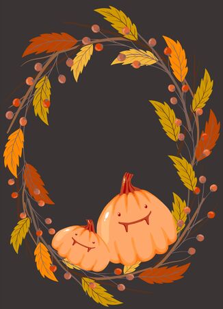 Dark halloween hand drawn vector background with funny pumpkinsのイラスト素材