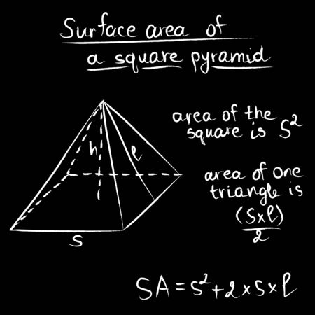 Hand drawn vector illustration of geometrical shape square pyramid in white chalk on black board with math formulas of total surface areaのイラスト素材