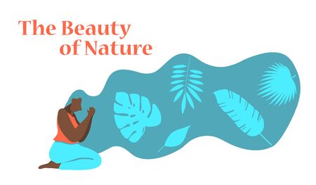 Flat design vector illustration of afro american woman with beautiful hair. Natural hair and body care, beauty, wellness and spa conceptのイラスト素材
