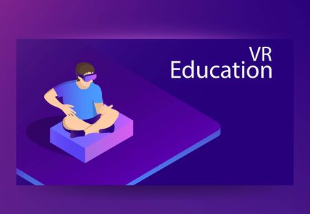an wearing virtual reality headset. VR Education concept. Vector isometric banner /flyer templateのイラスト素材