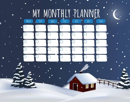 Vector winter snowfall night hand drawn monthly planner, schedule template.のイラスト素材
