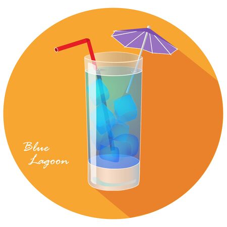 Hand drawn vector illustration of Blue lagoon popular summer cocktail, in orange circle with long shadow and text. Bar menuのイラスト素材