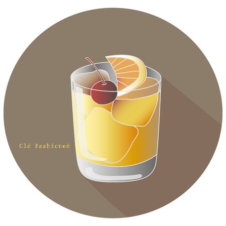Hand drawn vector illustration of The Old Fashioned alcohol whiskey or brandy cocktail with a citrus orange slice and a cocktail cherry decoration, in a brown circle with a shadow and text. Bar menuのイラスト素材