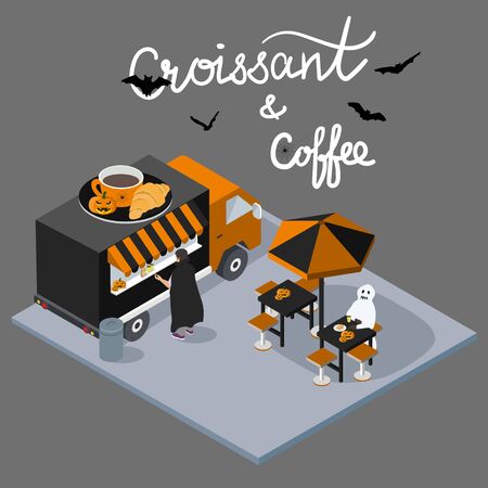 Isometric Halloween concept Coffee and croissant Cafe with script lettering. Coffee break Food Truck Delivery Master. Street Food Chef Infographic. 3D Flat vector Vehicleのイラスト素材