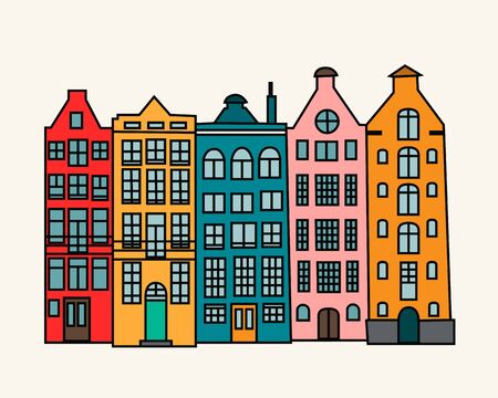 Set of colorful old hand drawn european multistory buildingsのイラスト素材