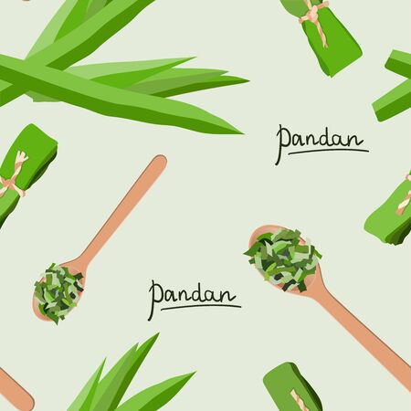 Vector seamless pattern of pandan leaves, shredded pandan spices in wooden spoon and wrapped leavesのイラスト素材