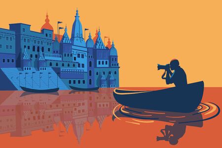 Cityscape of sunset Varanasi Uttar Pradesh, India, Ganges river. Vector illustrationのイラスト素材