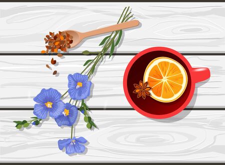 Flat lay of herbal tea with flax flowers and scattered seeds. Healthcare, self care and superfoods conceptのイラスト素材