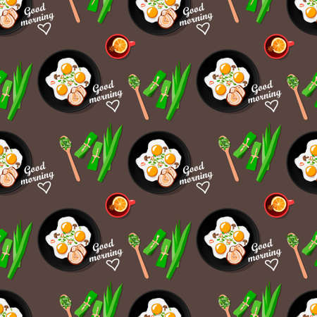 Seamless vector pattern of homemade breakfast  with bacon, fried eggs in a pan, a cup of lemon tea and pandan leaves spices. Top view  flat layのイラスト素材
