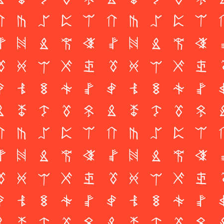 Hand drawn red seamless pattern with  runes and runic alphabet