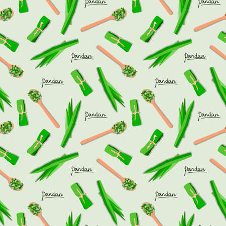Vector seamless flat lay pattern of pandan leaves, shredded pandan spices in wooden spoon and wrapped leaves on green backgroundのイラスト素材