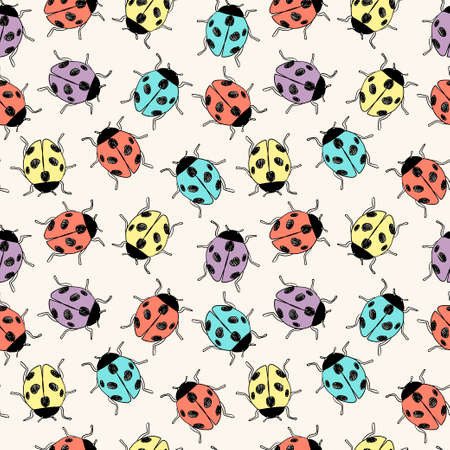 Vector seamless colorful pattern of different hand drawn doodle ladybirds or ladybugsのイラスト素材