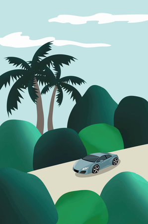<p>Vector landscape illustration with hills, palms and a riding sports car</p>のイラスト素材