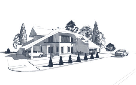Black and white pencil sketch illustration of a private house with trees and carsの写真素材