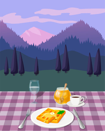 Vector illustration of hand drawn breakfast with coffee, waffles and honey with the beautiful mountain viewのイラスト素材