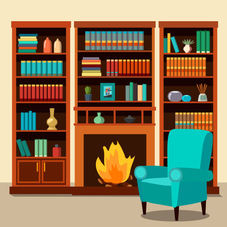 Vector illustration of a library room with an arm chair and a fire placeのイラスト素材