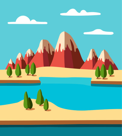 Vector illustration of a sea and mountain cartoon landscapeのイラスト素材