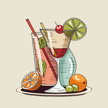 Hand drawn vector illustration of alcohol cocktails with mint leaves, olives and citrus garnishのイラスト素材