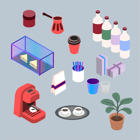 Set of various isometric kitchenware for a cafe, vector illustrationのイラスト素材